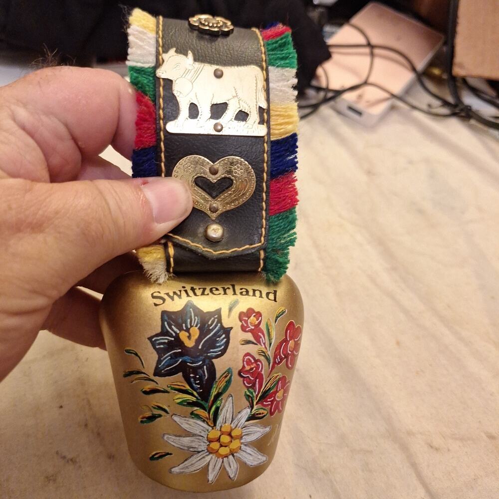 Vintage 1997 Switzerland Leather Fringe Painted Cow Bell 6.25x3"